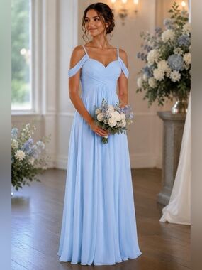 BABARONI Alivia Off Shoulder Spaghetti Strap Chiffon Dresses in Sky Blue 10